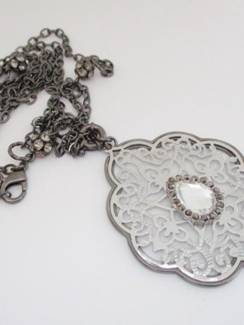 Vintage Style Gunmetal Filigree Statement Pendant Necklace